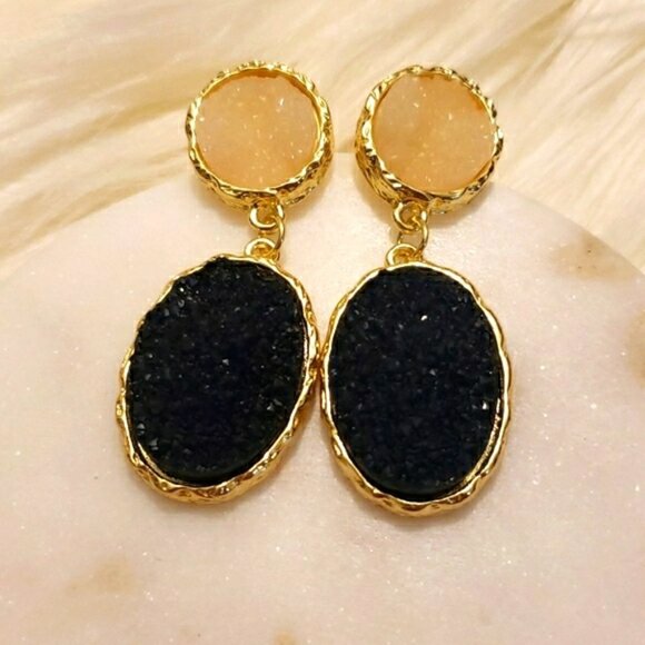 New Gold Druzy Quarts Stones Drop Earrings - Picture 5 of 5